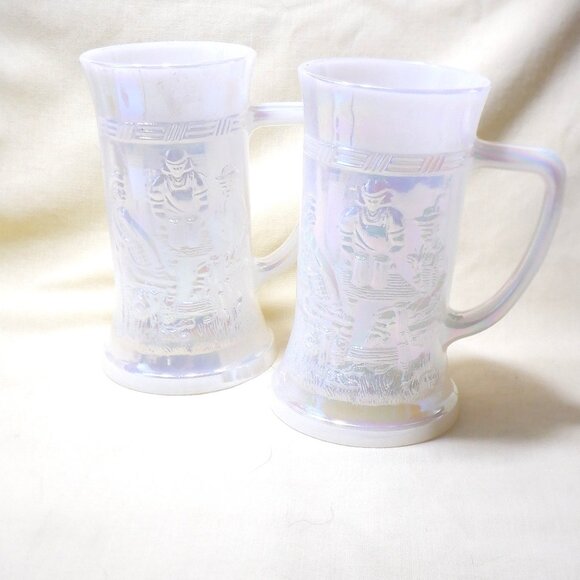 Set of (2) FEDERAL Milk Glass IRRIDESCENT*** BEER MUGS *** Old Time Tavern Scene - Picture 1 of 2